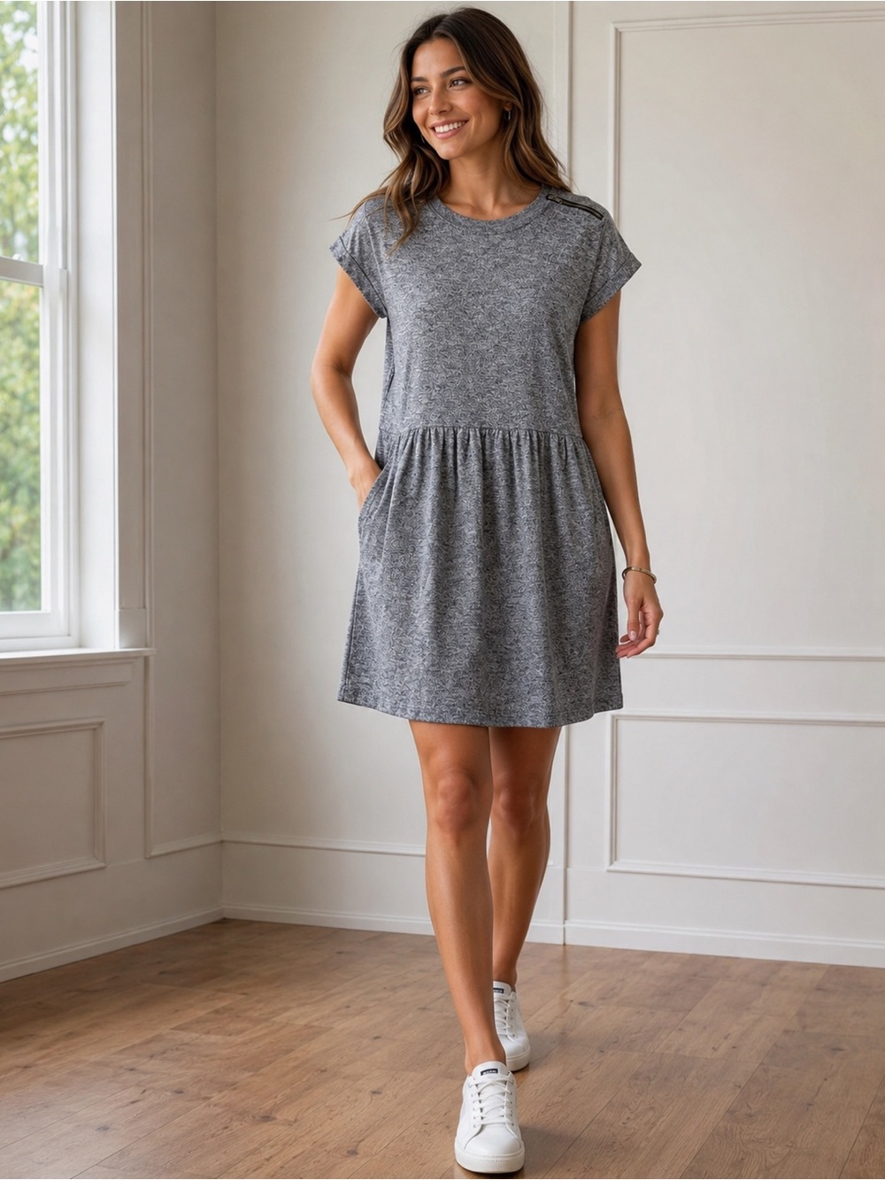Madewell Heather Gray Zipper Shoulder Drop-Waist T-Shirt Dress – Large
